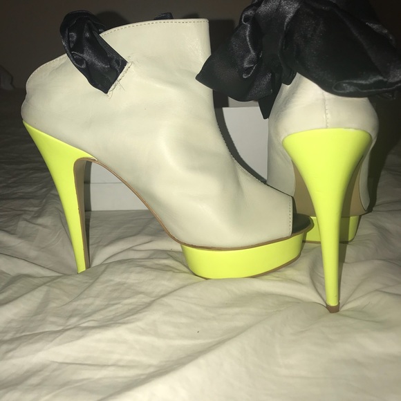 Neon Yellow Leather Peep Toe Bootie with Black Bow - Picture 6 of 8